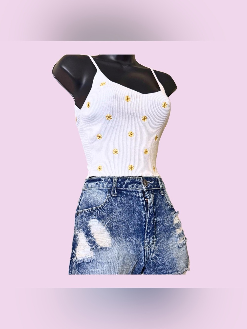 La Hearts White Ribbed Spaghetti Tank with Gold Daisy Accents